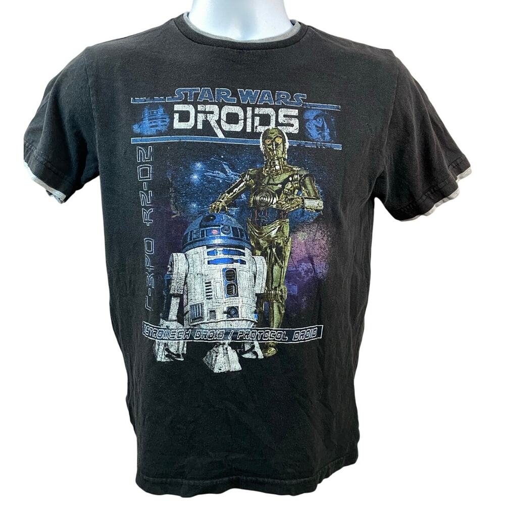 STAR WARS R2D2 & C3PO SHIRT — Graphic Black Tee Small 18x23